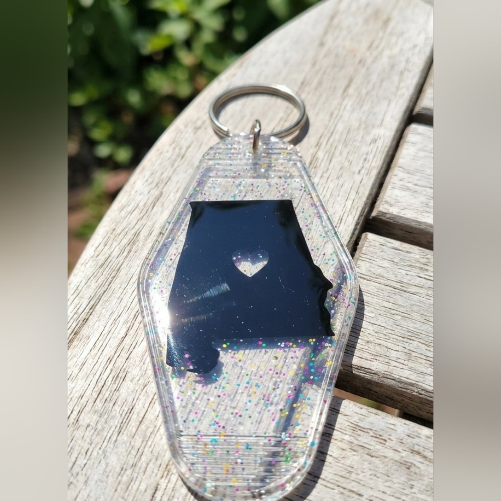Alabama Glitter Motel Keychain Resin Sealed Heart Cutout Handmade Charm